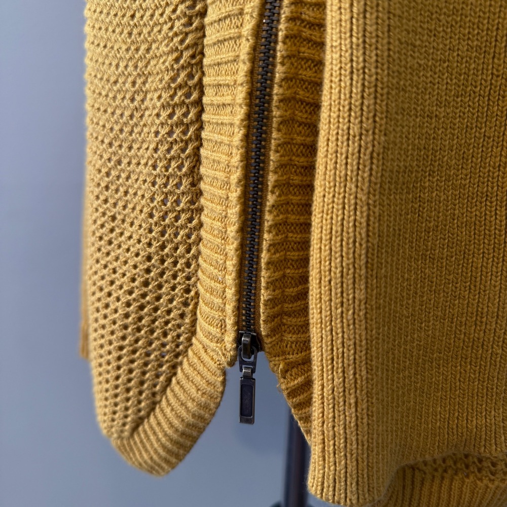 Mustard Yellow Textured Knit Crew Neck Long Sleeve Zipper Detail Sweater Top S - Picture 3 of 15